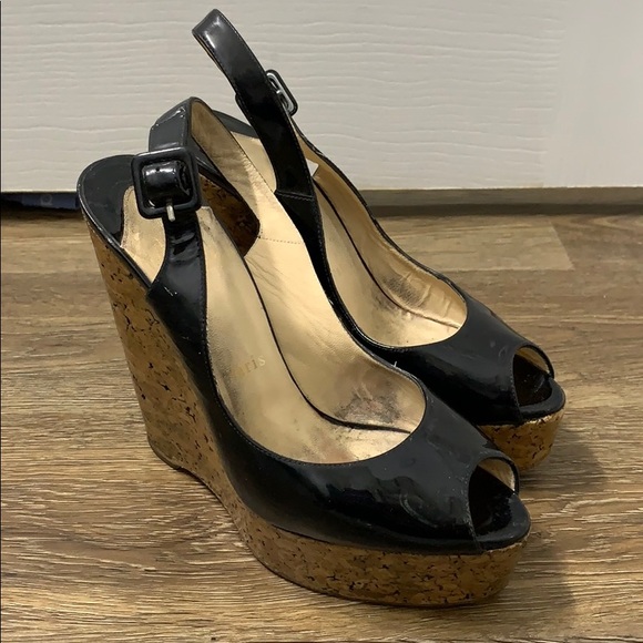 Christian Louboutin Black Patent leather Glazed Cork Wedges Size 38
